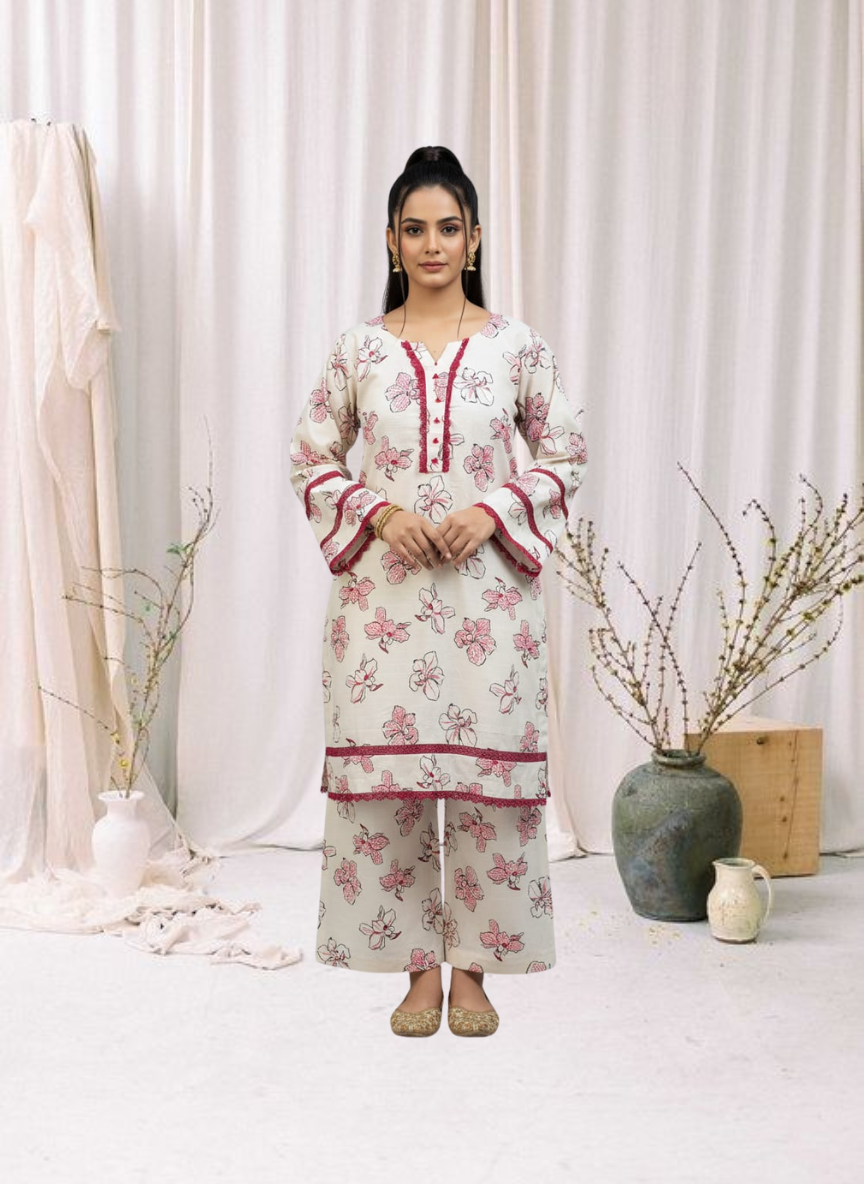 The 'Gul-e-Anaar' Edit – Floral Printed Khaddar 2 Piece Suit with Lace Detailing