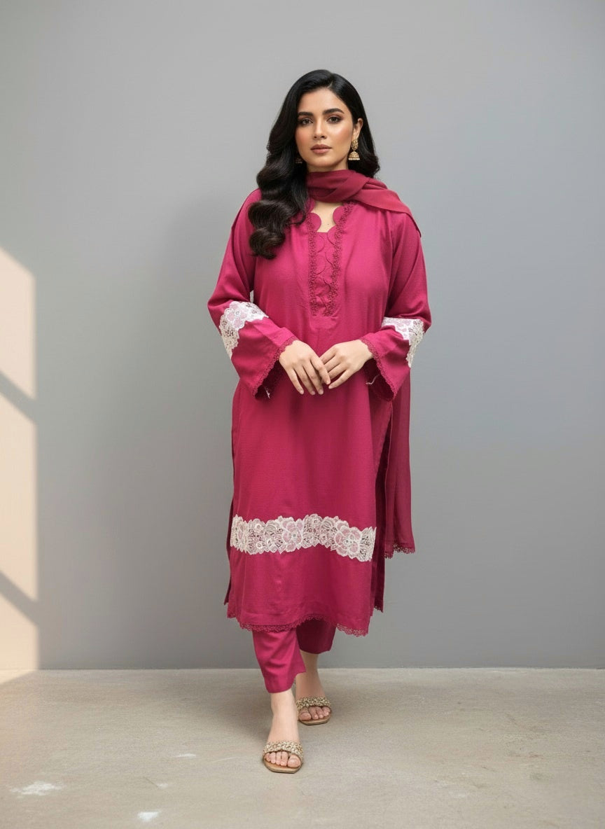 Berry Rose Lace Embellished 2-Piece Dhanak Winter Suit