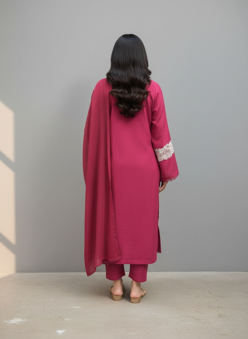 Berry Rose Lace Embellished 2-Piece Dhanak Winter Suit