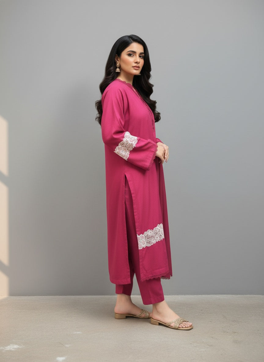 Berry Rose Lace Embellished 2-Piece Dhanak Winter Suit