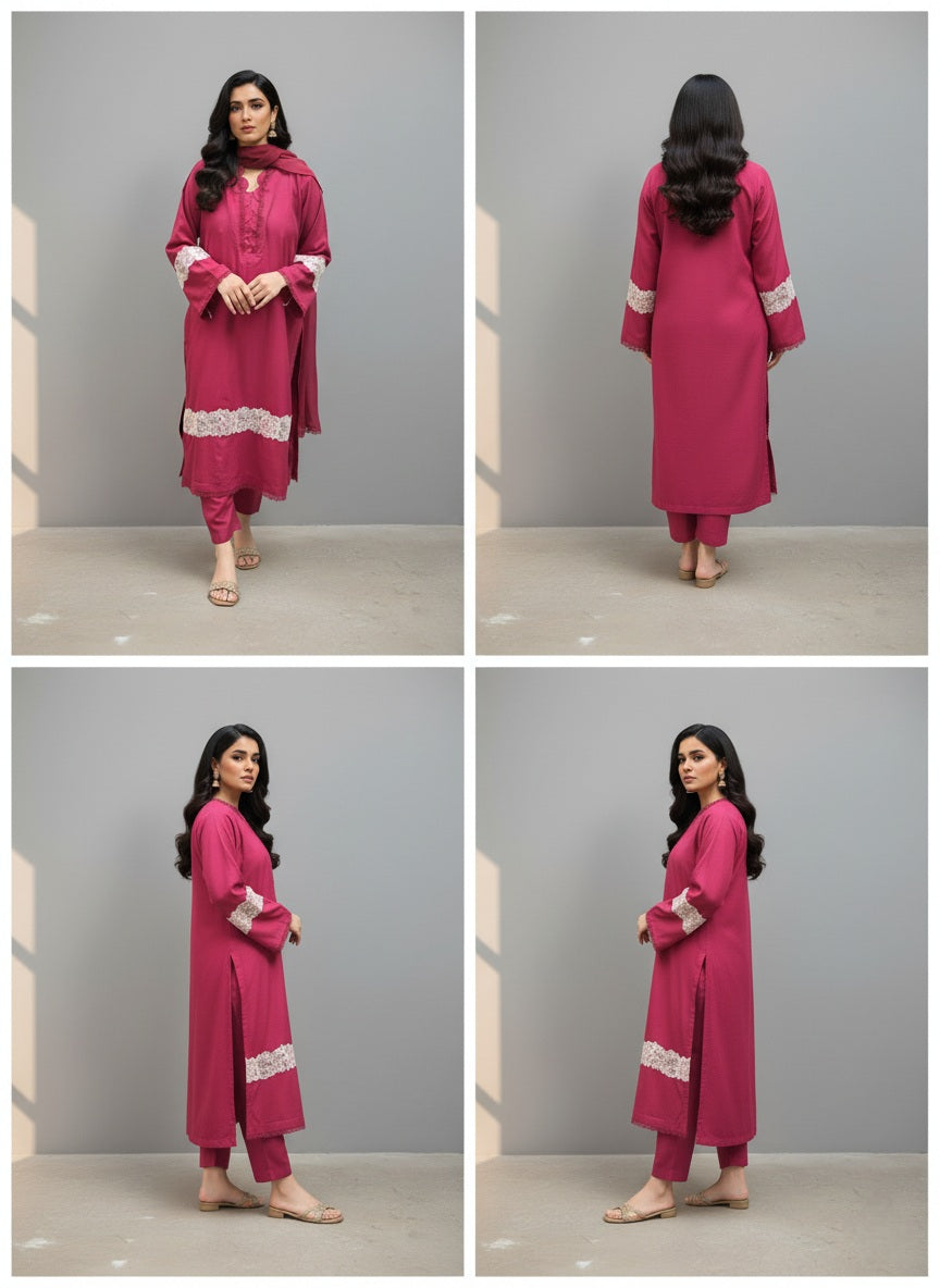 Berry Rose Lace Embellished 2-Piece Dhanak Winter Suit