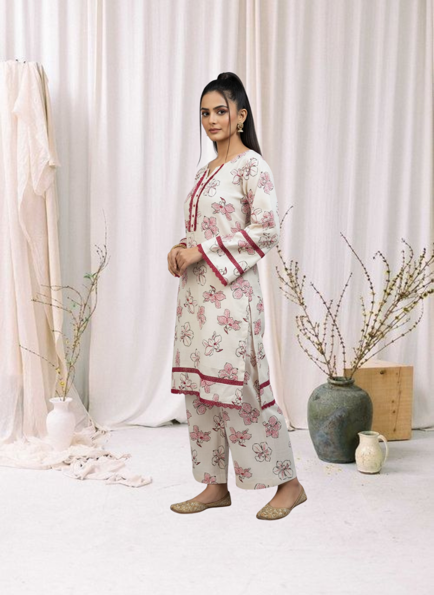 The 'Gul-e-Anaar' Edit – Floral Printed Khaddar 2 Piece Suit with Lace Detailing
