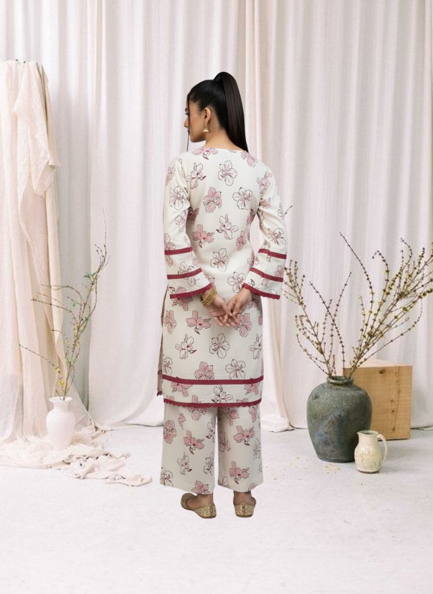 The 'Gul-e-Anaar' Edit – Floral Printed Khaddar 2 Piece Suit with Lace Detailing