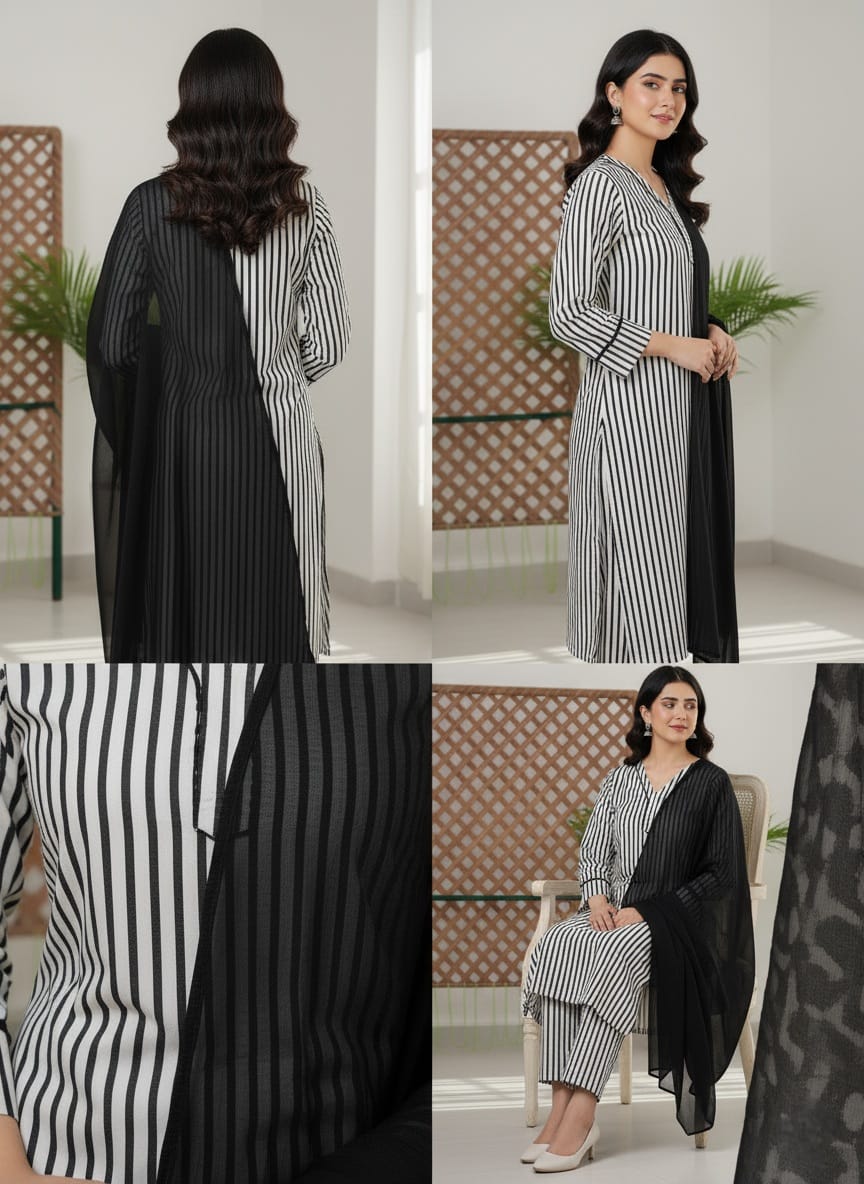 Black & White Striped Cotton 3-Piece Suit with Georgette Dupatta