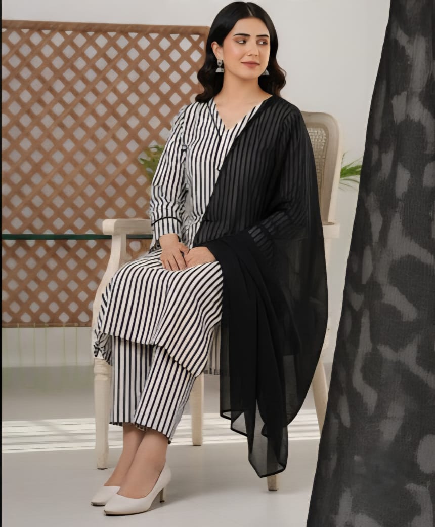 Black & White Striped Cotton 3-Piece Suit with Georgette Dupatta