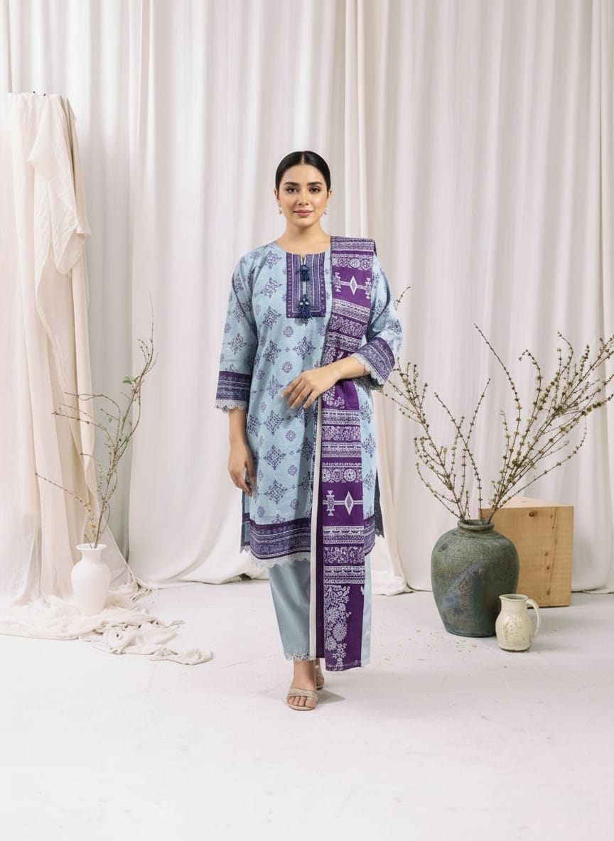 Powder Blue & Plum Printed Khaddar 3-Piece – Winter 2025 | Zma Mina