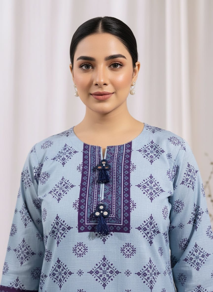 Powder Blue & Plum Printed Khaddar 3-Piece – Winter 2025 | Zma Mina