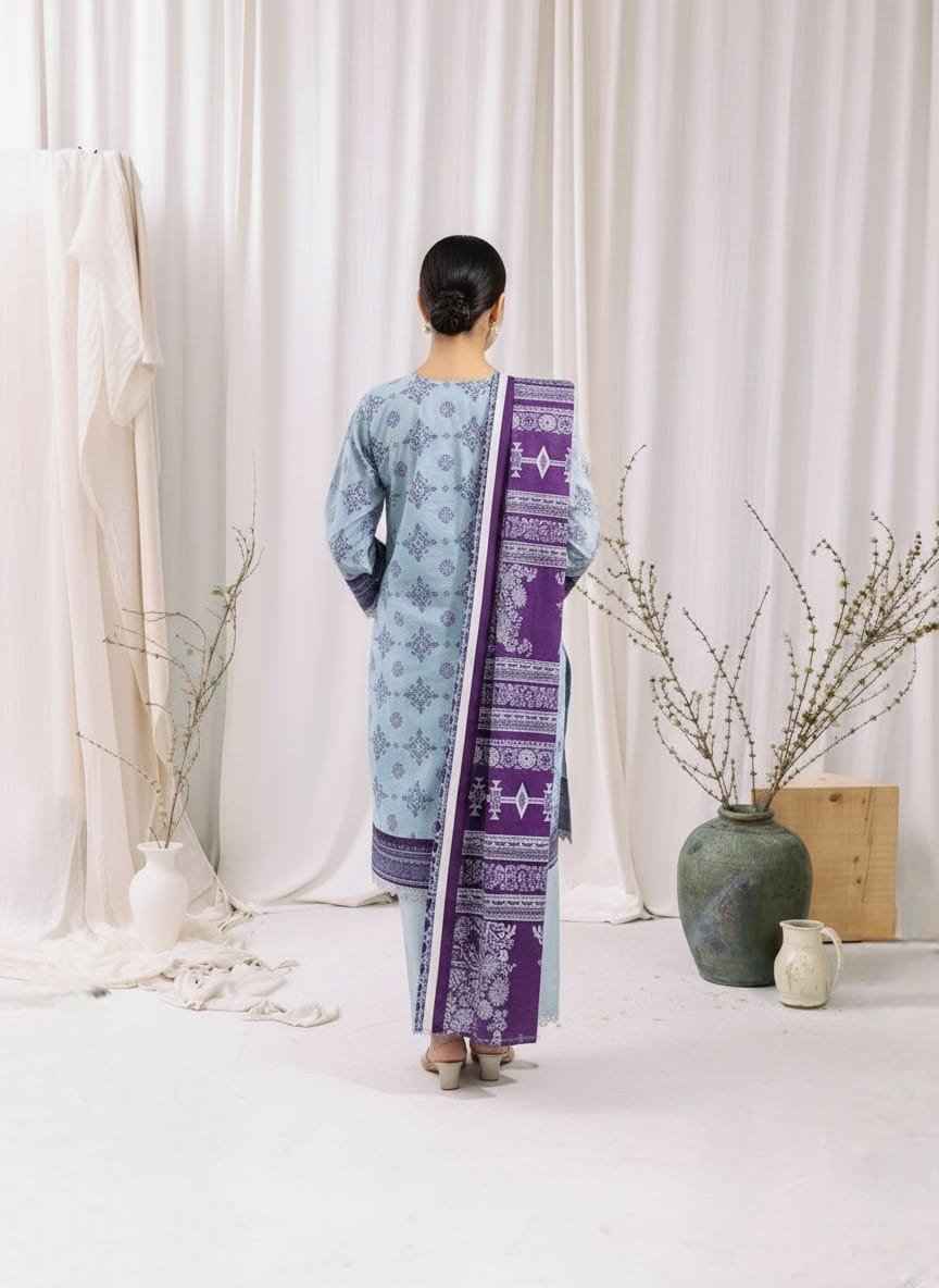 Powder Blue & Plum Printed Khaddar 3-Piece – Winter 2025 | Zma Mina