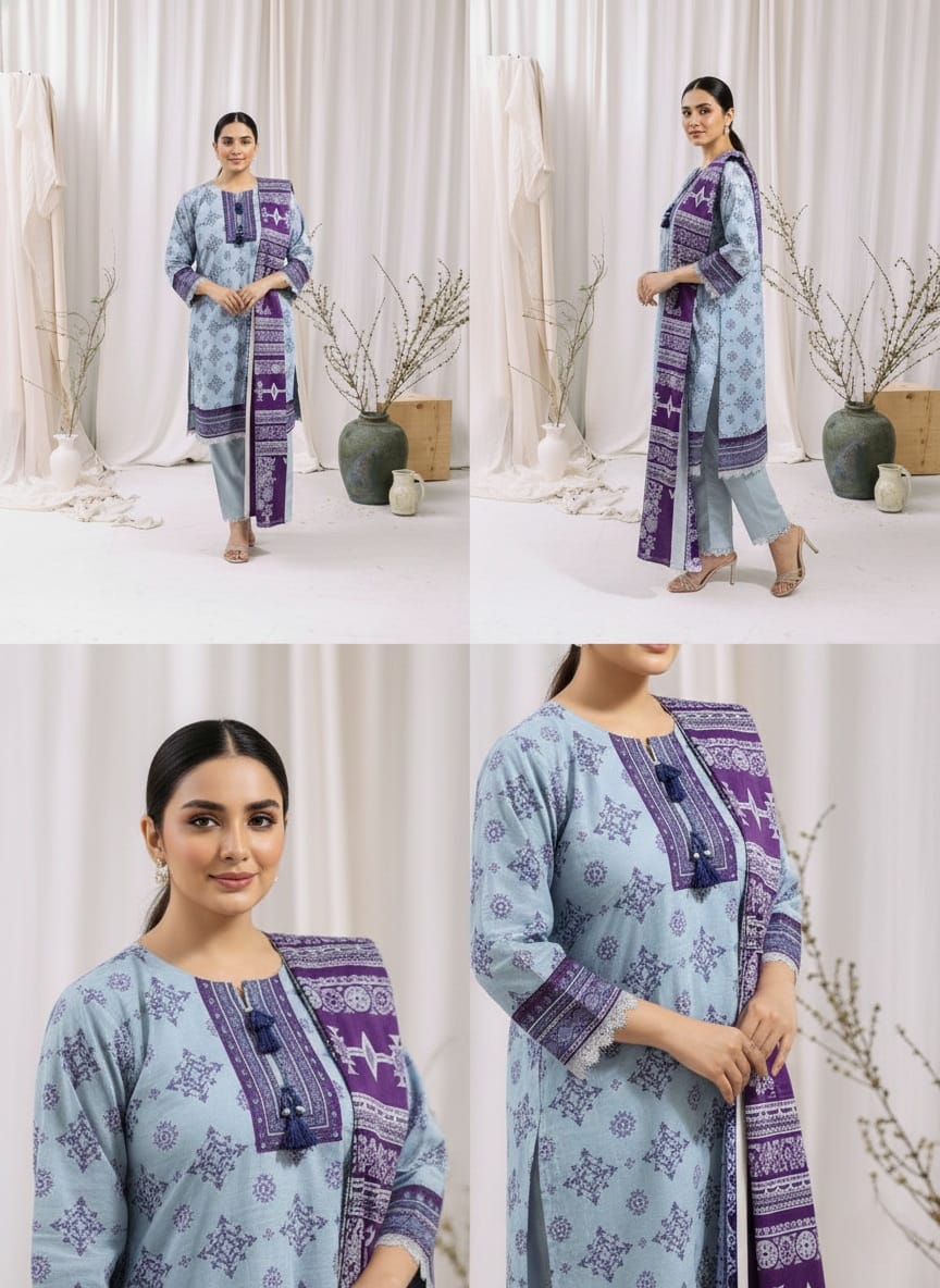 Powder Blue & Plum Printed Khaddar 3-Piece – Winter 2025 | Zma Mina
