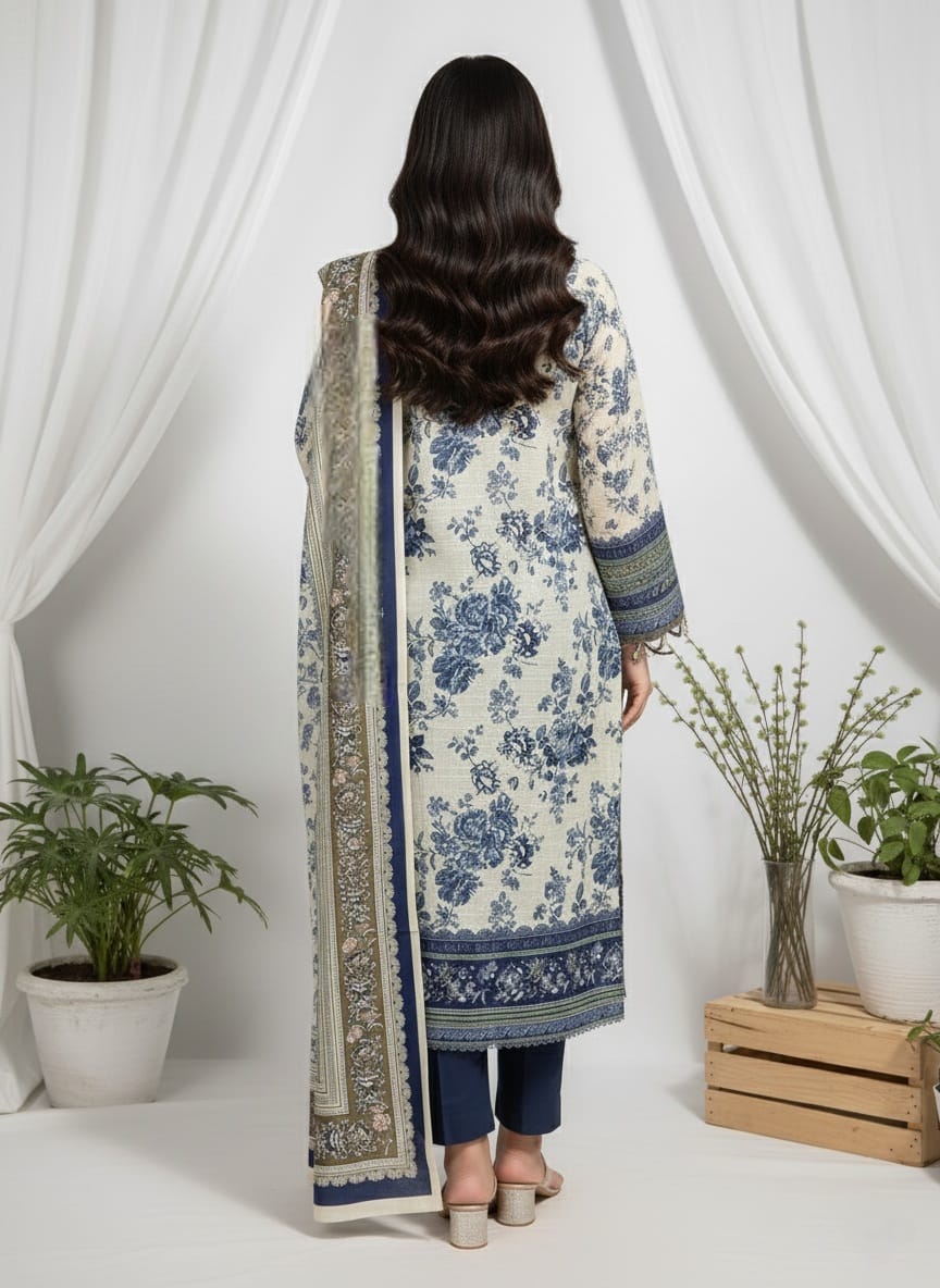 Elegant Blue Floral Printed 3 Piece Suit with Dupatta