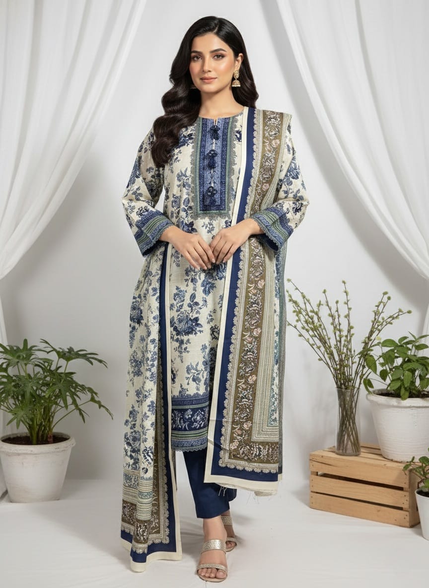 Elegant Blue Floral Printed 3 Piece Suit with Dupatta