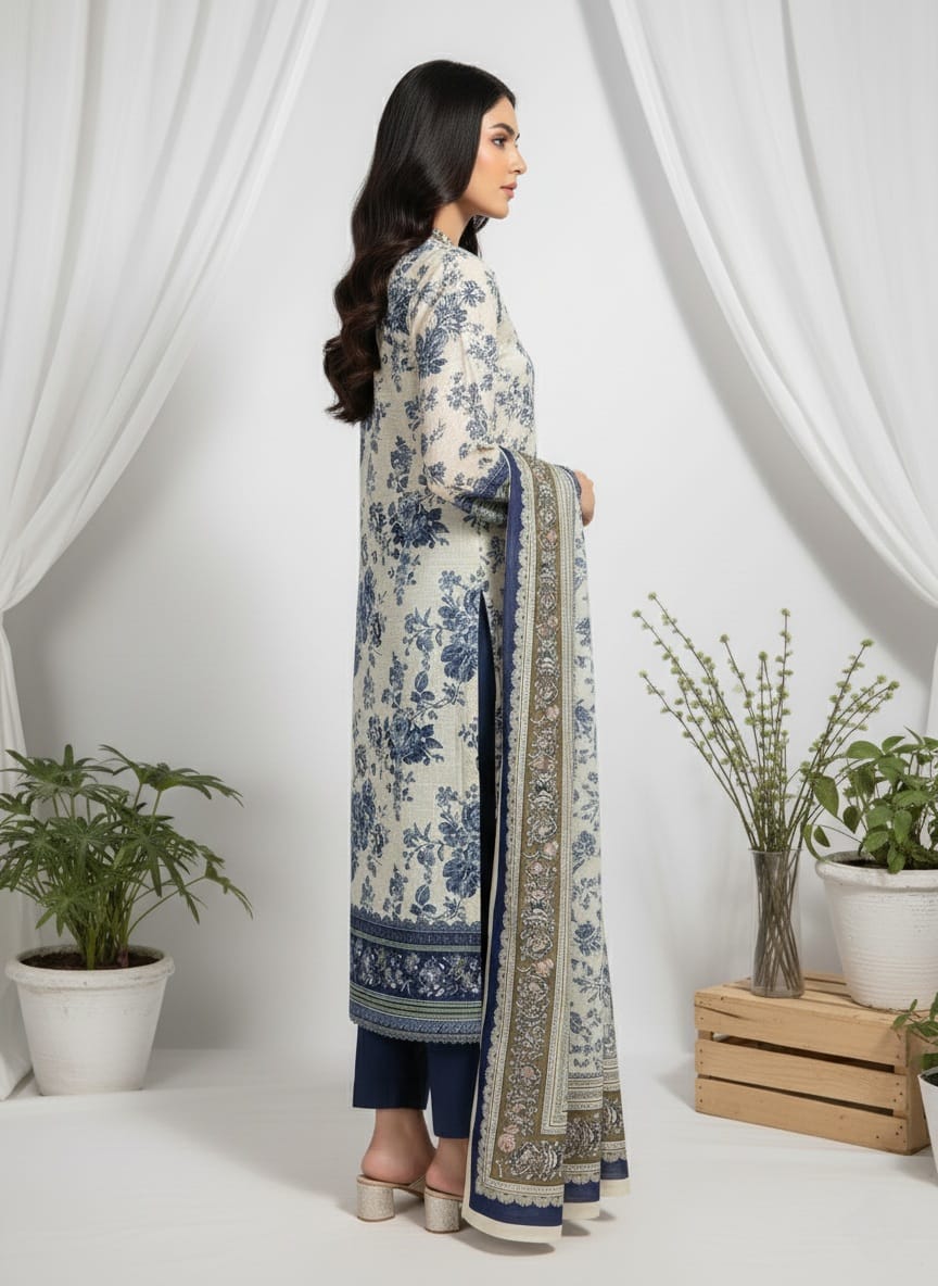 Elegant Blue Floral Printed 3 Piece Suit with Dupatta