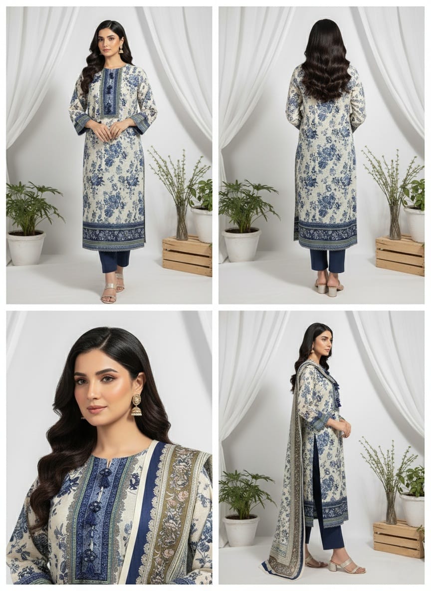 Elegant Blue Floral Printed 3 Piece Suit with Dupatta