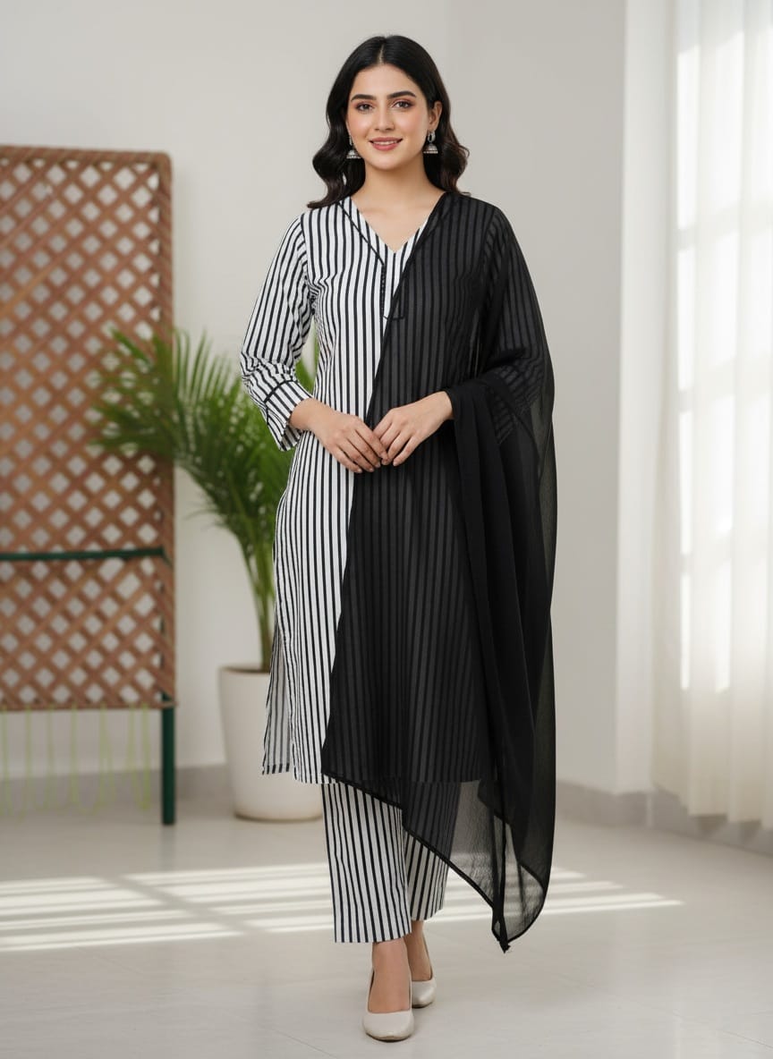 Black & White Striped Cotton 3-Piece Suit with Georgette Dupatta
