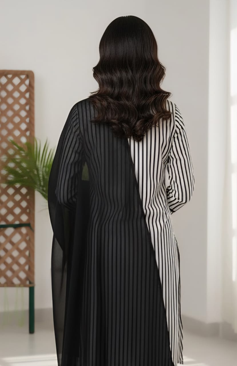 Black & White Striped Cotton 3-Piece Suit with Georgette Dupatta
