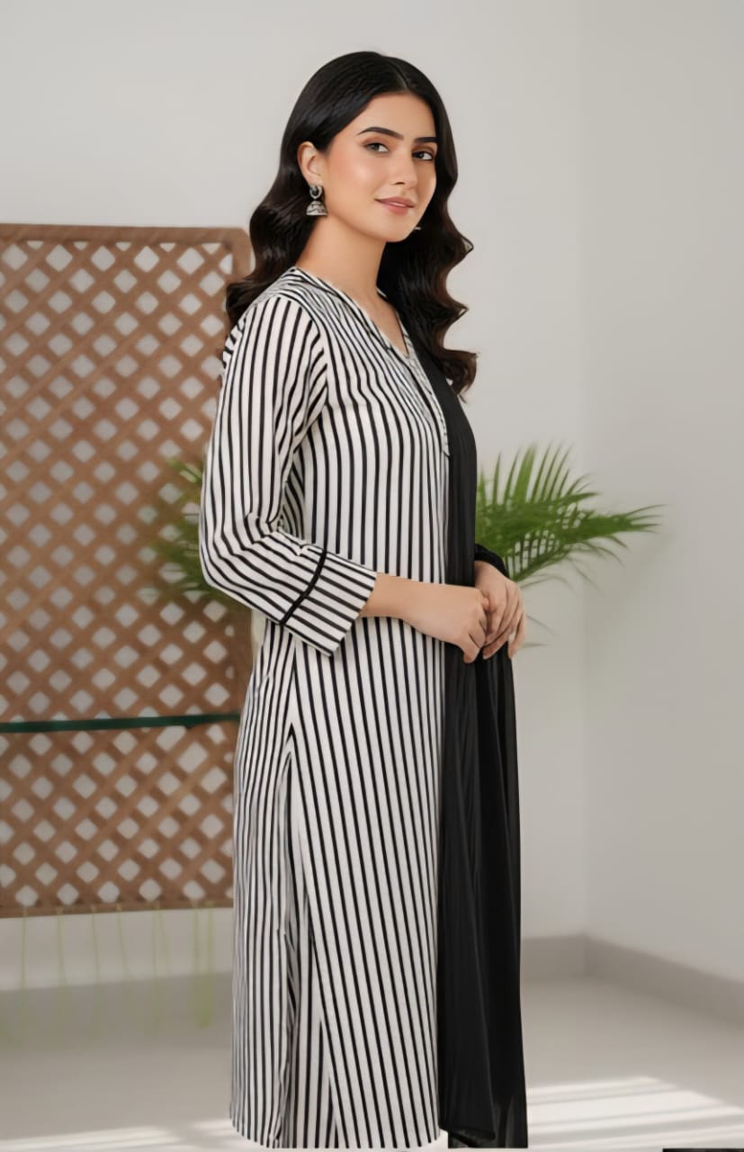 Black & White Striped Cotton 3-Piece Suit with Georgette Dupatta