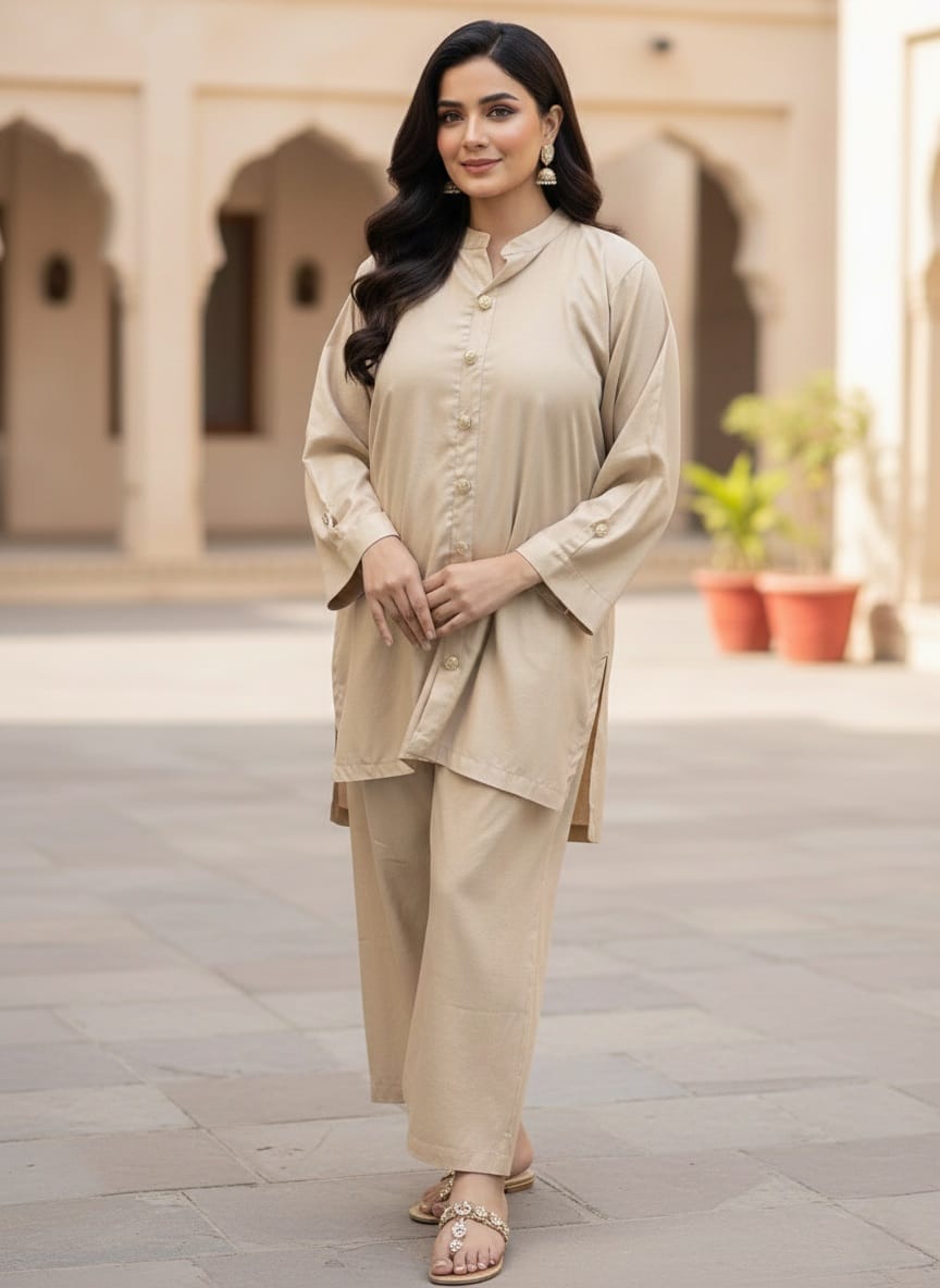 Zarra-e-Sehra | Desert Sand Soft Dhanak Co-Ord Set