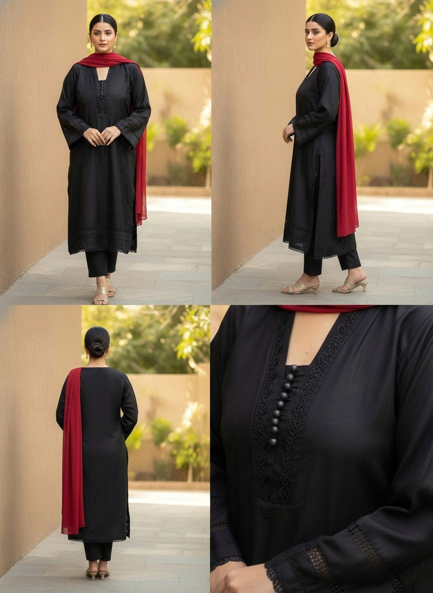 Kajal Siyah | Deep Black Dhanak Co-Ord Set (Winter Collection)