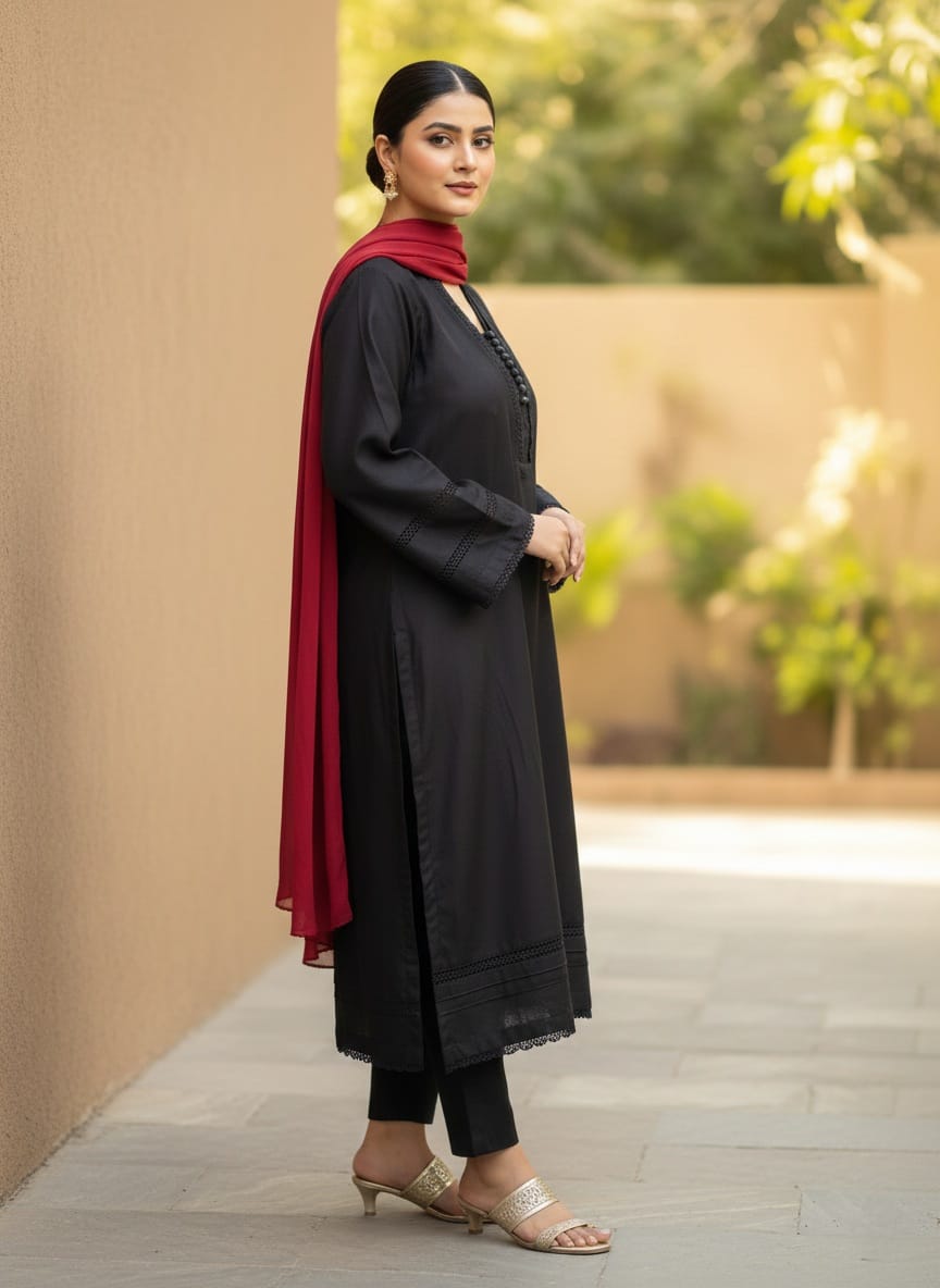 Kajal Siyah | Deep Black Dhanak Co-Ord Set (Winter Collection)